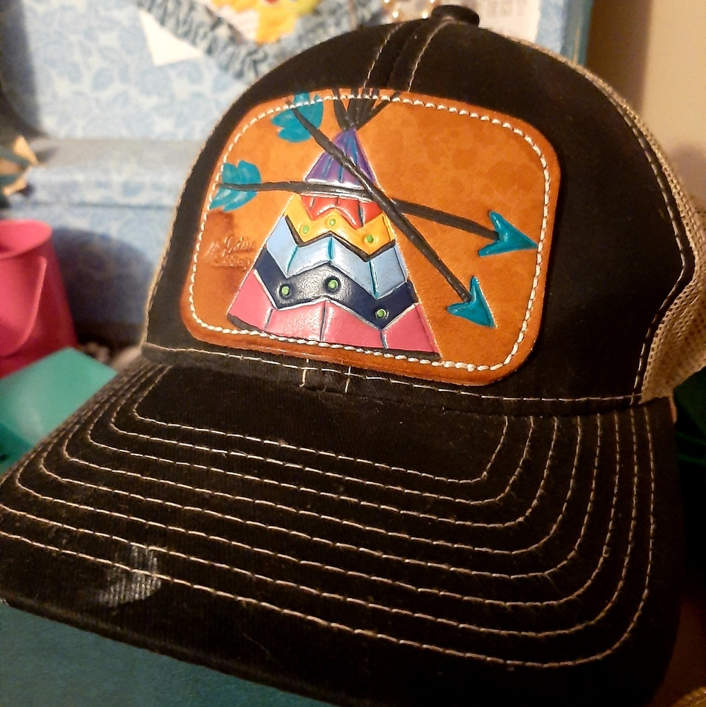 Western snapback baseball cap with handmade leather patch